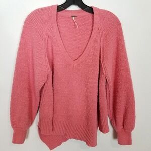 Free People West Coast Asymmetrical V-Neck Pullover Knit Sweater Sz XS Pink Boho